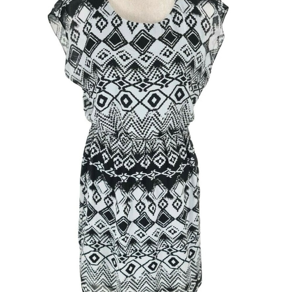AB STUDIO Black Gray Chiffon Mini Sheath Dress Women Size L Elastic waist